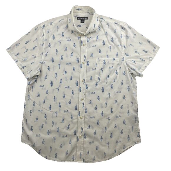 Slate & Stone Short Sleeve Button Up “Beach Girl” Shirt Print Cream-L - Picture 2 of 12